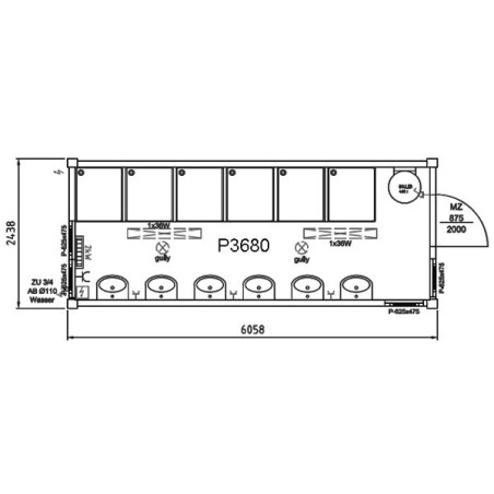 Conteneur sanitaire 20' + 6 cabines douche + 6 lavabos + chaudière de 400L